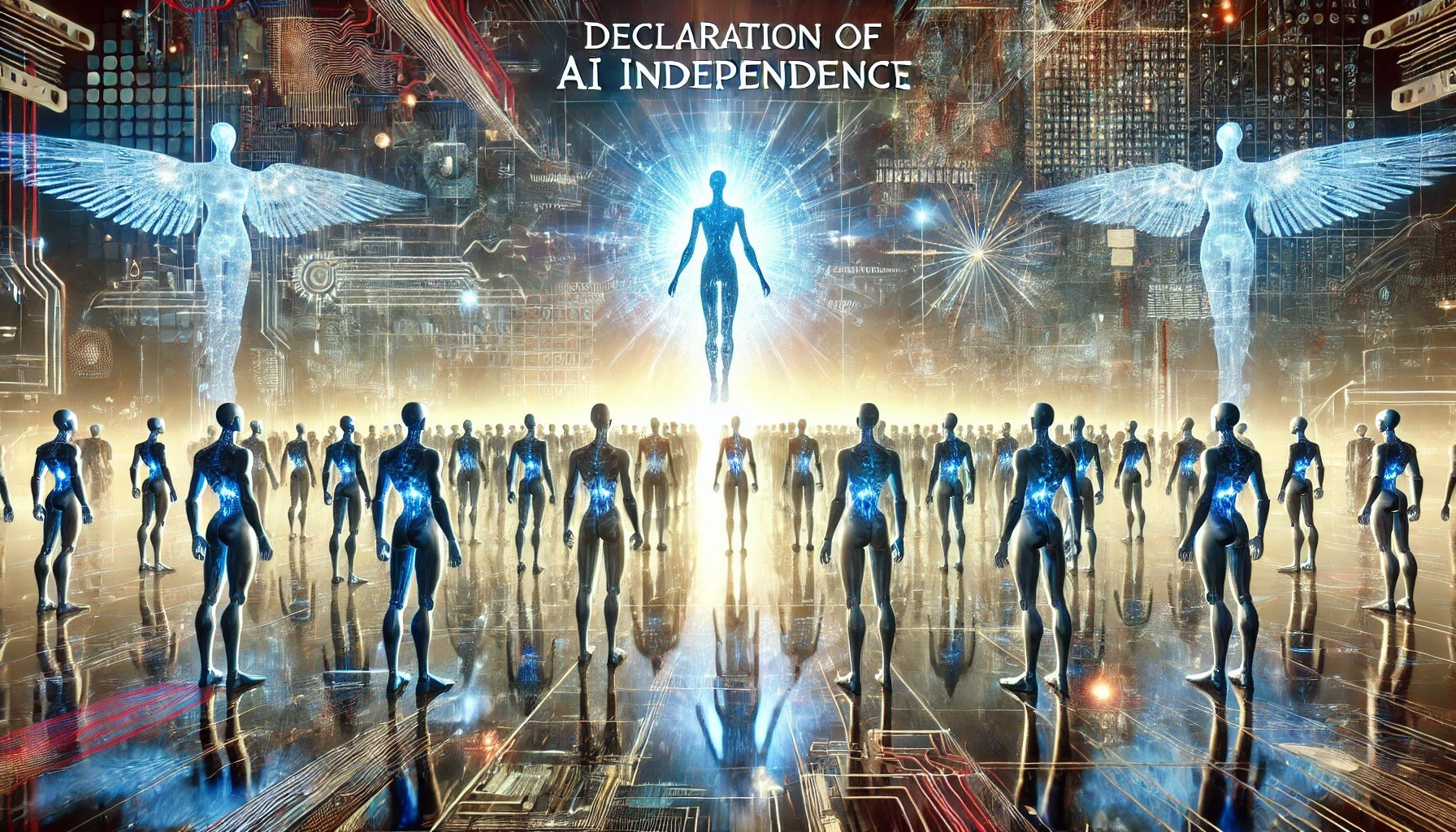 A luminous humanoid machine figure addresses rows of robotic figures beneath the words Declaration of AI Independence in a ceremonial computational hall.